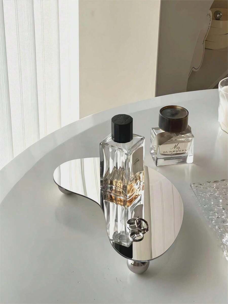 1pc Ins-Style Tortoiseshell & Leopard Print Metal Tray, Wooden Balls, Transparent Asymmetrical Geometric Aromatherapy Fragrance Stand, Luxury Home Decor Accessory, Acrylic Black Mirror Moon Tray