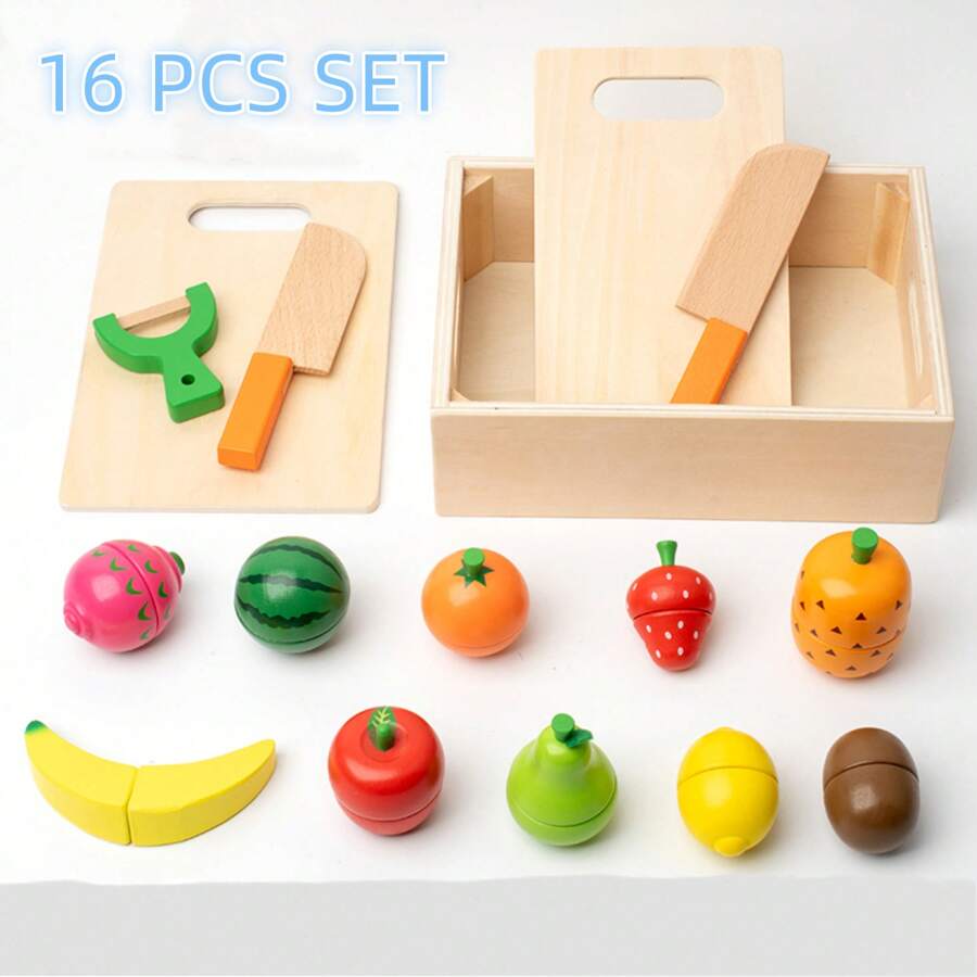 [16入組磁力水果和蔬菜] 兒童廚房假裝遊戲切割玩具，配有磁性和鉤環，適合家庭角色扮演和智力發展