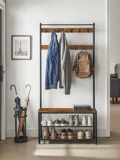 VASAGLE Coat Rack, Coat Stand With Shoe Storage Bench, Hall Tree With Shoe Rack, 3-In-1 Design, Steel Frame, For Hallway, Entrance, 32 X 85 X 175 Cm, Industrial, Rustic Brown And Black Halloween Decorations Halloween Costumes Autumn Decor Festival Decor