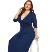 High Elastic Plus Size Dress, Long Party Dresses - 藍色 - 查看 4