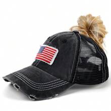 1pc Women's Multi-Color Mesh Ponytail Hole USA Flag Pattern Sports Baseball Cap, Suitable For Daily Wear