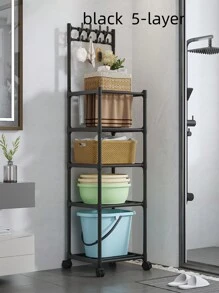 Black 4/5-Layer Kitchen Storage Trolley Rack With Wheels, Hooks And Brackets For Pots And Pans, Adjustable And Movable - Black - View 5