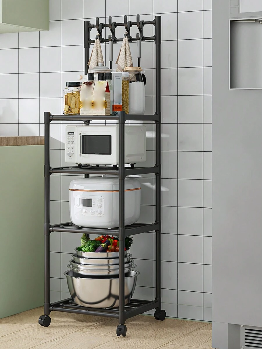 Black 4/5-Layer Kitchen Storage Trolley Rack With Wheels, Hooks And Brackets For Pots And Pans, Adjustable And Movable - Black - View 1