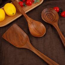 AIUHI 4pcs Wooden Kitchen Utensils Set, Spoons Wok Spatulas Natural Wooden Set For Non-Stick Pan