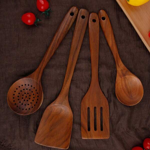 AIUHI Sistema De Madera De Los Utensilios De Cocina 4pcs, Sistema De Madera Natural De Las Espátulas Del Wok De Las Cucharas Para La Cacerola Antiadherente