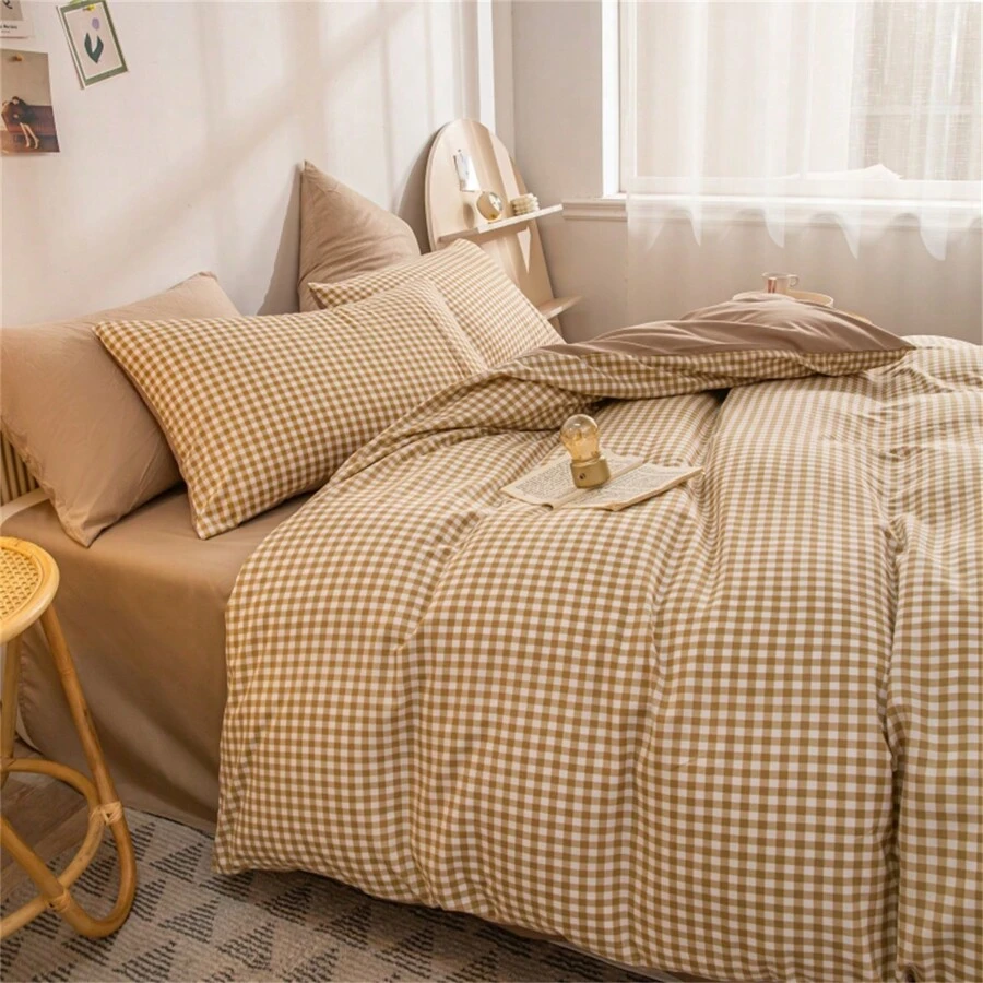 4pcs Apricot Plaid Bedding Set, Soft And Comfortable - Apricot - View 1