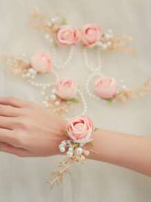 6 Piezas Ramo De Muñeca De Alta Gama Con Rosas Rosadas Y Hojas Doradas Adecuadas Para Bodas Y Fiestas - Rosa - Ver 3