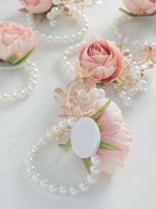 6 Piezas Ramo De Muñeca De Alta Gama Con Rosas Rosadas Y Hojas Doradas Adecuadas Para Bodas Y Fiestas - Rosa - Ver 2