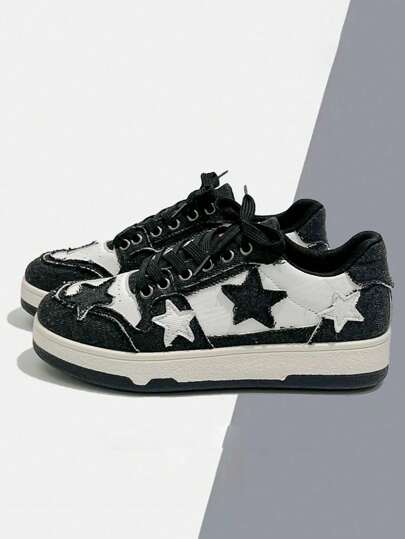 1 Size Smaller Black New Artistic National Star Skate Shoes, Fashion Casual Women's Shoes, Round Toe Lace-Up Low-Top Sneakers