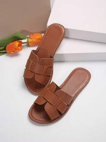 女士時尚棕色皮革平底休閒沙灘戶外舒適拖鞋、涼鞋 - 棕色 - 查看 4