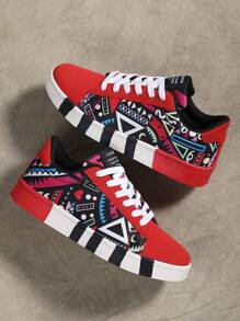 Frauen Freizeit Sportschuhe Mit Zufälligen Drucken Und Vorderen Schnürsenkeln Aus Leinwand Männer Schuhe, Modische Vollbilder Graffiti Skateboard Schuhe, Beliebte Und Vielseitige Paarschuhe