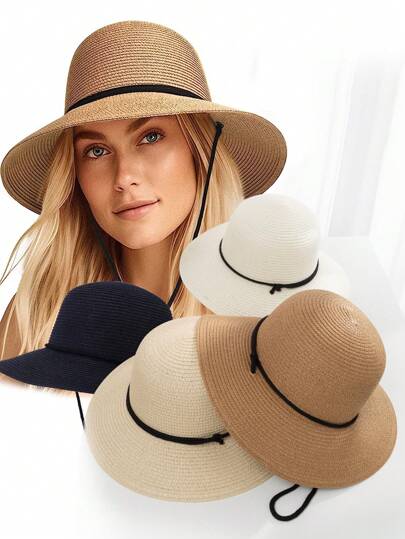 DOMIOURA 1個女性休閒遮陽帽,附面罩、寬邊和防風繩,時尚多用途夏季旅行沙灘帽