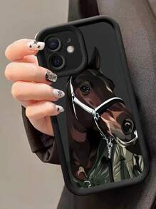 1PC Illustration Brown Horse Pattern Phone Case - Black - View 1