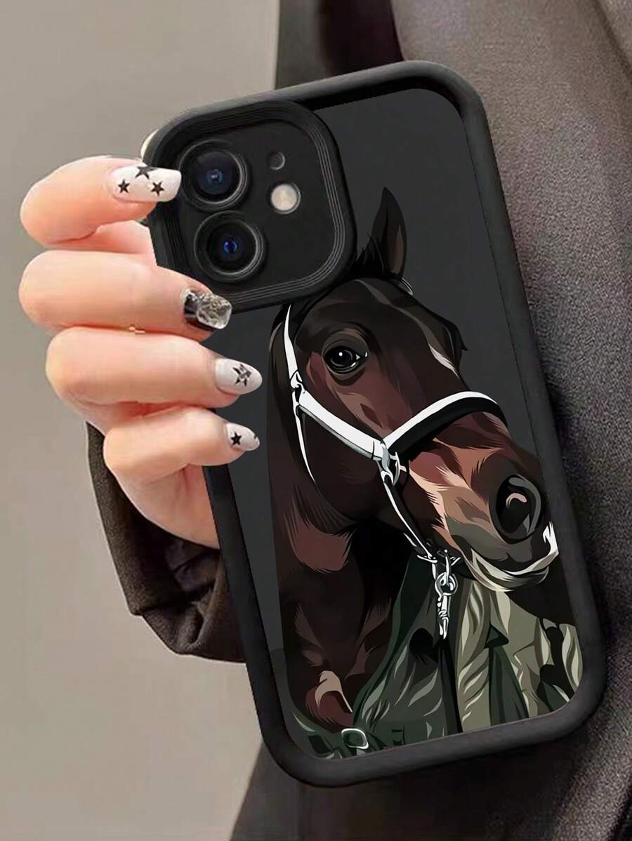 1PC Illustration Brown Horse Pattern Phone Case - Black - View 1