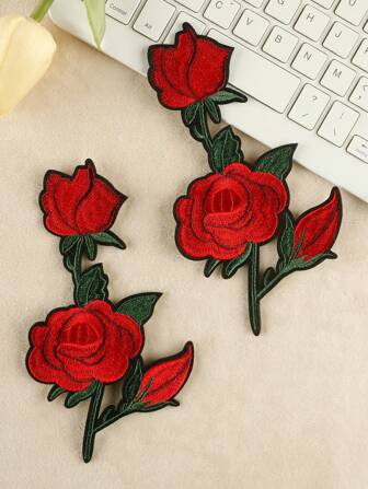 1套/2入組繡花貼布,適用於衣服、帽子和diy熱熨式布貼紙,繡上玫瑰花圖案