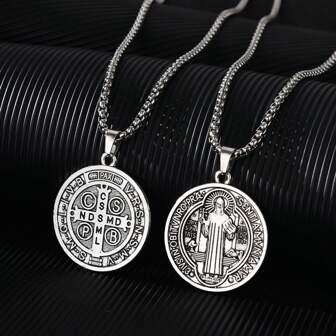 1入組復古時尚聖本篤禧慶紀念章頸鏈(男款),銀色鍊條和時尚吊墜
