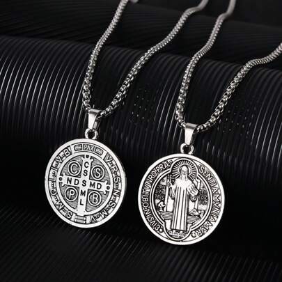 1 Colgante De Medalla De Jubileo De San Benito, De Moda Retro Para Hombres Con Cadena De Collar Plateada Y Elegante Colgante