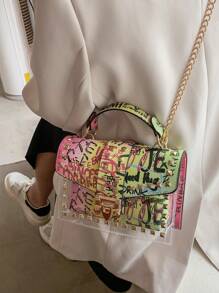 Fashionable Graffiti Rivet Decorated Handbag - Multicolor - View 5