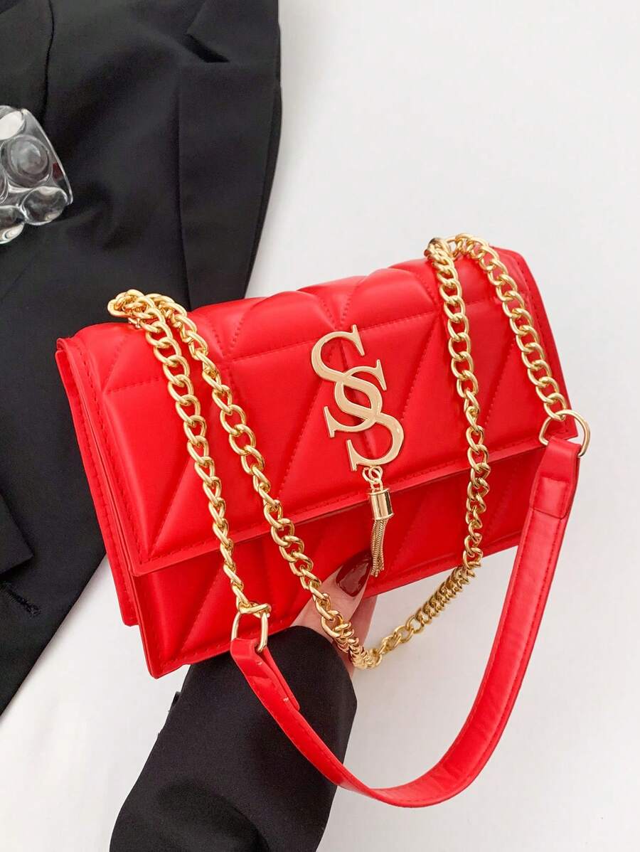 Fashionable Versatile Texture Press Stud Chain Shoulder Bag, New Arrival - Red - View 1