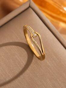 1pc Stainless Steel Geometric Shape Rhinestone Inlaid Ring, Fashionable Drop Shaped Hollow Out Design - Yellow Gold - View 9