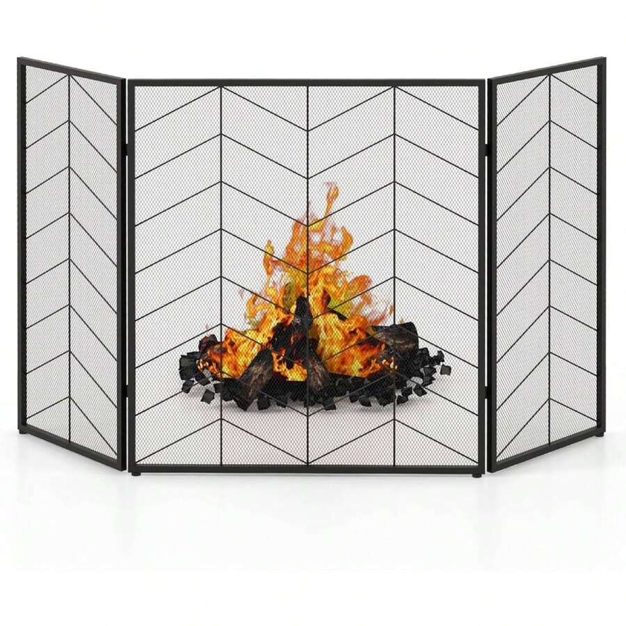 GOPLUS Metal Spark Guard, 3 Piece Pattern Spark Guard, Folding Fireplace Guard, Fireplace Guard For Fireplace, Home Decor, 132 X 79 Cm, Black (With Line Pattern)