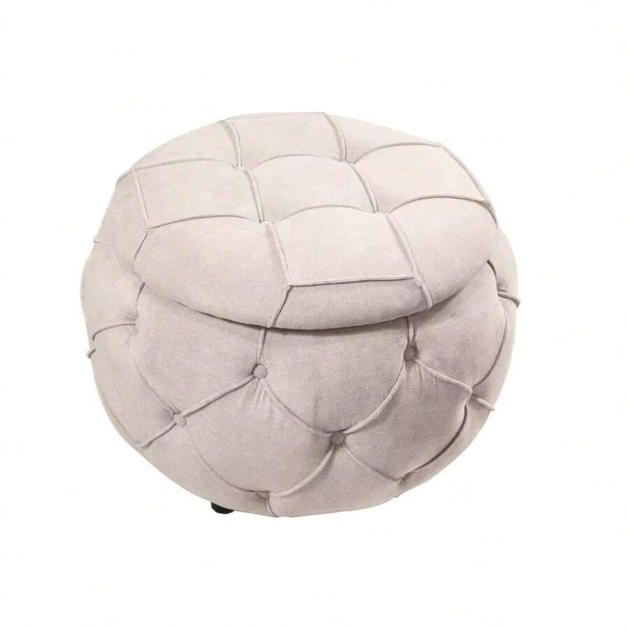 Large Button Tufted Woven Velvet Round Storage Ottoman With Lid, Modern Accent Stools Foot Rest