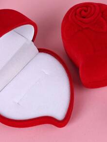 1入組豪華絨面戒指盒,附有玫瑰花裝飾,浪漫求婚/婚禮禮物,心形珠寶戒指收納盒 - 紅色 - 查看 6