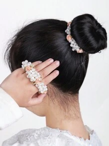 2 Piezas Bandas De Pelo Rosa Claro Decoradas Con Flores Y Perlas Adecuadas Para La Vida Diaria Y El Peinado De Moño De Las Niñas - Rosa coral - Ver 2