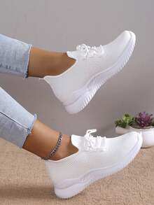 Của phụ nữ Đúng mốt Thoáng khí Giày thể thao , Giải trí Thiết kế Với Màu thuần Lưới Và Ren - trắng - Xem 3