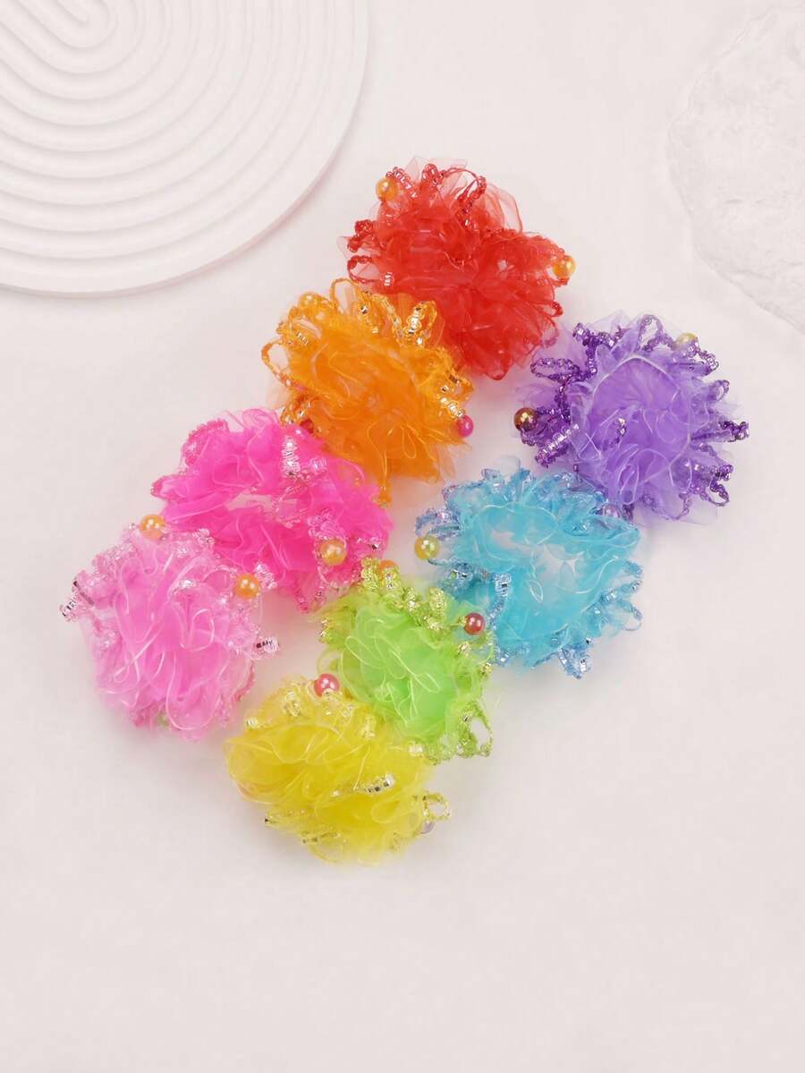 2 件裝女孩網狀花朵髮帶,彈性高強度,無損壞,高性能髮飾,馬尾髮夾 - 綠色 - 查看 1