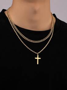Original Minimalist Double-Layer Cross Pendant Necklace For Men, Suitable For Hip-Hop Style Layered Chains - Yellow Gold - View 1