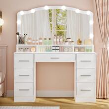 Vanity Desk With Large Lighted Mirror Valentine's Day Gift, 43.3" Makeup Vanity Table With 7 Drawers & 10 Lights Bulbs, 3 Lighting Colors, Make Vanity Desk, Vanity Table For Women Girls - 白色 - 查看 1