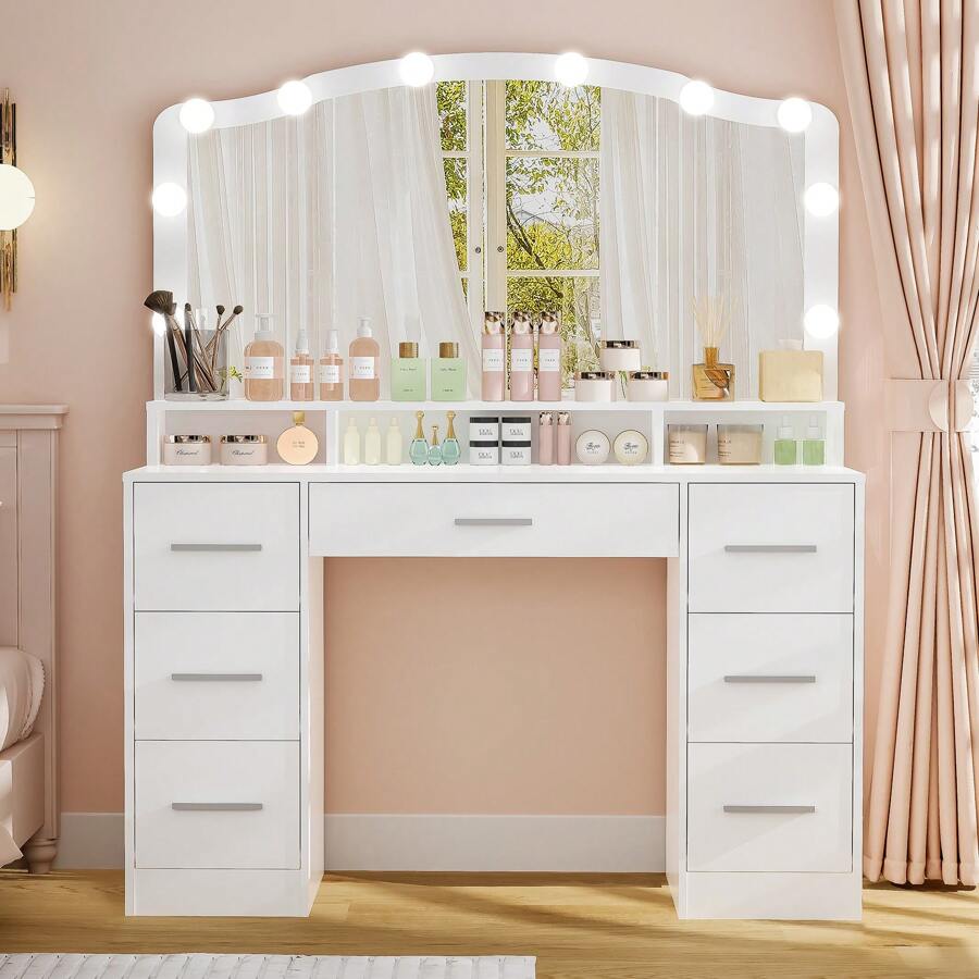 Vanity Desk With Large Lighted Mirror Valentine's Day Gift, 43.3" Makeup Vanity Table With 7 Drawers & 10 Lights Bulbs, 3 Lighting Colors, Make Vanity Desk, Vanity Table For Women Girls - 白色 - 查看 1