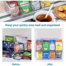 Caja para Té con 8 Compartimentos, Organizador Caja para Bolsas de Té con Tapa Abatible para Proteger el Contenido, Caja de Plástico para Té, Café, Especias, para Despensa, Nevera, Cocina