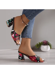 European And American Fashion Thick Heel High Heel Women's Sandals, Sexy Slide Peep-Toe Platform Outdoor Slippers, Random Floral Prints - Black - View 5