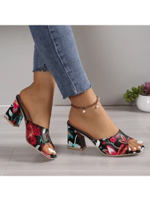European And American Fashion Thick Heel High Heel Women's Sandals, Sexy Slide Peep-Toe Platform Outdoor Slippers, Random Floral Prints - Black - View 3