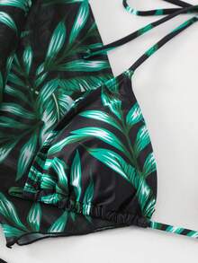 3Pcs/Set Women Tropical Plant Printed Halter Tie Bikini Swimsuit Set With Matching Sarong Cover Up Tops - Dark Green - View 10