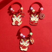 1個紅色動物財富龍年時尚旺財獅金屬龍吊墜創意汽車鑰匙扣可愛掛包裝飾新年禮物鑰匙鍊吊飾 - 紅木色 - 查看 2