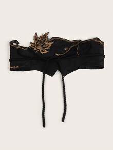 1pc Women's Black New Style Embroidered Maple Leaf Pattern Double Layered Tie Fabric Dress & Coat With Decoration Waistband, Slimming & Versatile, Suitable For Daily Use - Black - View 2