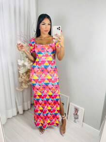 VESTIDO LONGO ELEGANTE ROSA ESTAMPA DIGITAL FEMININO DRESS - Rosa chiclete - Visão 1