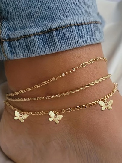 3pcs Stylish Butterfly & Twisted Rope Decor Anklet Set, Suitable For Women's Daily Wear, Dating, Vacation And Gifts