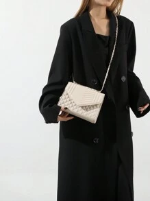 Detail Chain Square Bag, Minimalist Flap Shoulder Bag, Fashion Crossbody Purse For Women Mini Quilted Crossbody Bag, Elegant Flap Shoulder Bag, Women's Fashion Handbag & Purse - Beige - View 3