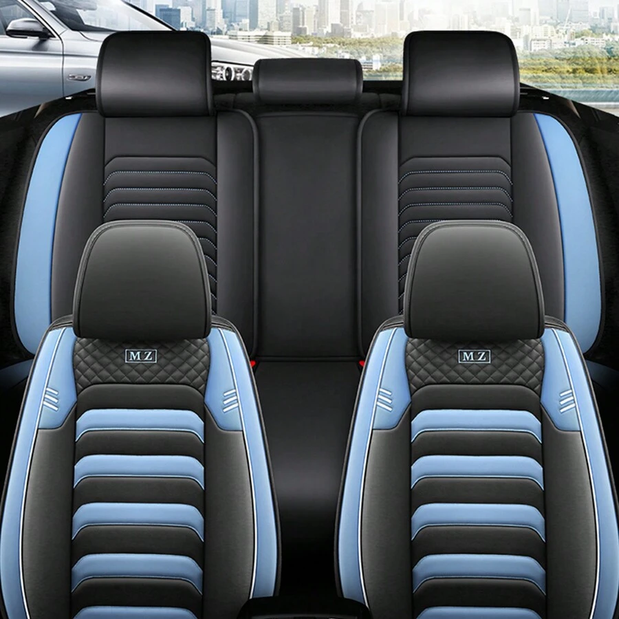 5 Seats Full Set Pu Leather Car Seat Covers, All Seasons Compatible With Cars, Pickup Trucks And Suvs - Blue - View 1