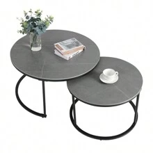Juego de 2 mesas de centro anidadas redondas modernas, tablero de piedra sinterizada, patas pintadas en negro, mesa auxiliar apilable, mesa decorativa para sala de estar y apartamentos - Gris Claro - Ver 1