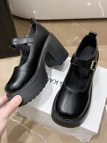 女士方跟高跟瑪莉珍鞋,圓頭和扣帶,黑色 - 黑色 - 查看 4