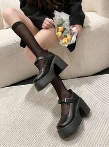 女士方跟高跟瑪莉珍鞋,圓頭和扣帶,黑色 - 黑色 - 查看 2