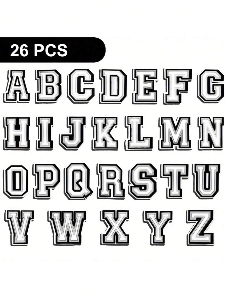 26pcs Letter Series Shoe Charms For Decoration, DIY Accessories (May Have Minor Glue Residue Or Slight Defects On The Back, Which Do Not Affect Normal Use), Cute Shoes Accessories For Spring - Black and White - View 1