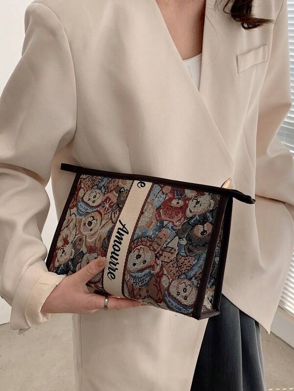 Women's Polyester Fabric Cute Bear Printed Handheld Cosmetic Bag, Fashion Portable Outdoor & Indoor Toiletry Organizer With Mesh Compartments For Great Capacity Makeup Organizer Makeup Storage Bag Mini Pouch Travel Small Makeup Case Accessories Make Up Holder Brush Bag Make Up Container Cosmetic Bag Travel Essentials Ladies Accessories Travelling Stuff Makeup Bag Makeup Bags Makeup Pouch Make Up Pouch