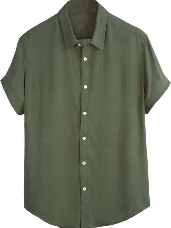 Romwe Camisa masculina de manga curta com colarinho e botão camisa básica de trabalho