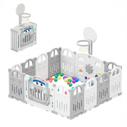  UBRAVOO Foldable Baby Playpen With Mini Basketball Hoop & 50Pcs Coloured Pit Balls, Car Theme Playpen For Baby And Toddlers, Large & Fun Indoor Activity Centre